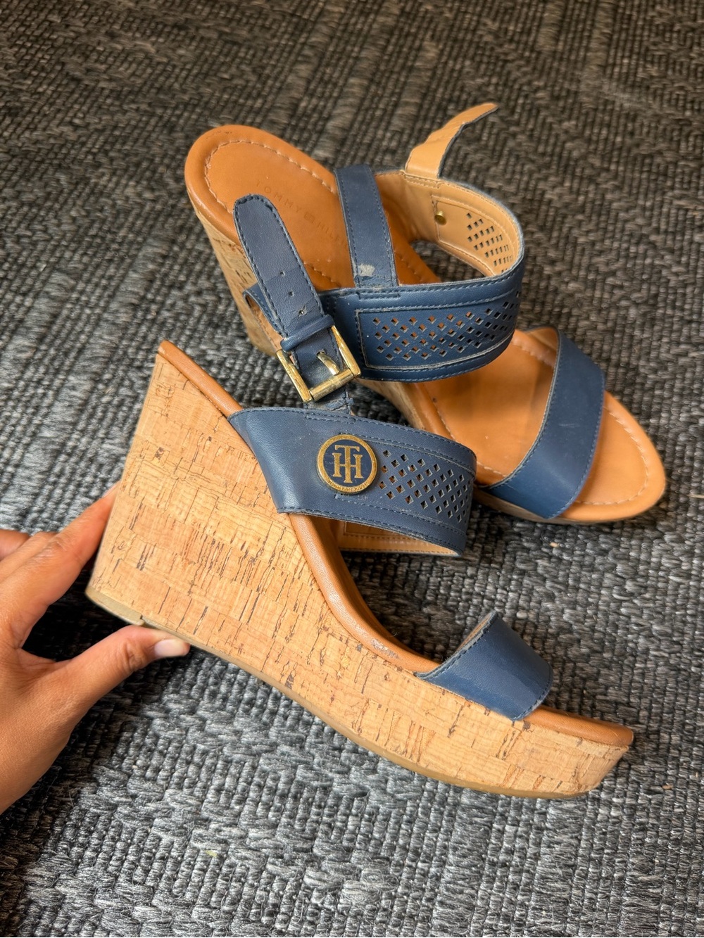 Tommy Hilfiger Navy Cork Wedge Sandals with Gold Logo